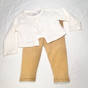 Baby's Two-Piece Outfit Set: Cream Cardigan & Mustard Yellow Lace Trim Leggings
